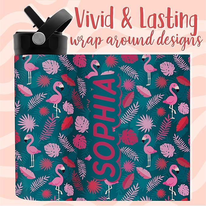Personalized Water Bottle for Kids - 14 oz - 14 Design Options, Custom Water Bottle for Children - End of School Year Gifts, Back to School Gifts - BPA FREE, Double-Wall Insulation - Flamingo