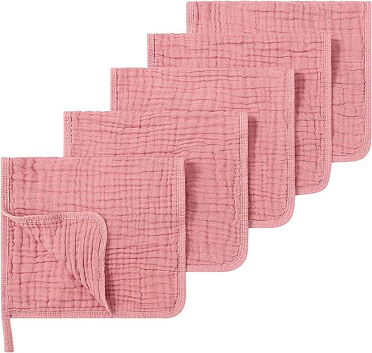 Muslin Burp Cloths 5 Pack Large 20x12 inches Baby Burping Cloths, 6-Layer 100% Cotton for Newborn Boys Girls, Ultra Soft & Absorbent（Pink）