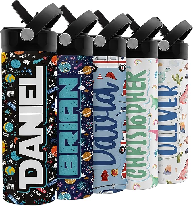 Personalized Water Bottle for Kids - 20 oz - 14 Design Options, Custom Water Bottle for Children - End of School Year Gifts, Back to School Gifts - BPA FREE, Double-Wall Insulation - Space