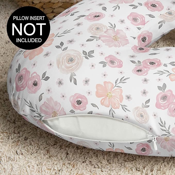 Sweet Jojo Designs Baby Nursing Pillow Cover (Pink/Grey Boho Floral) for Girls, Infant/Newborn Nursery, Bottle Breastfeeding Slipcover, Breast Feeding Pillowcase - Pillow NOT Included (Watercolor)