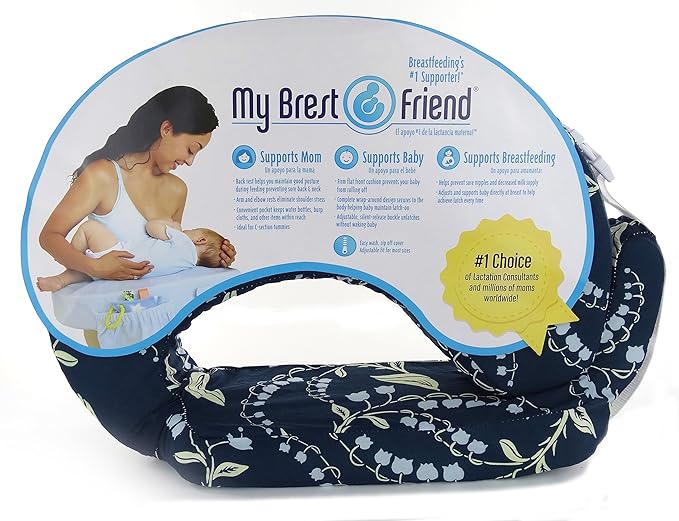 My Brest Friend Original Nursing Pillow Enhanced Ergonomics Essential Breastfeeding Pillow Support For Mom & Baby W/ Convenient Side Pocket, Double Straps & Slipcover, Navy Bluebells