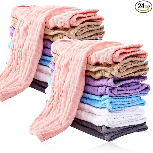 Cute Castle 24 Pack Muslin Burp Cloths for Baby - Ultra-Soft 100% Cotton Baby Washcloths - Large 20'' by 10'' Super Absorbent Milk Spit Up Rags - Burpy Cloths for Unisex, Boy, Girl - Multicolor