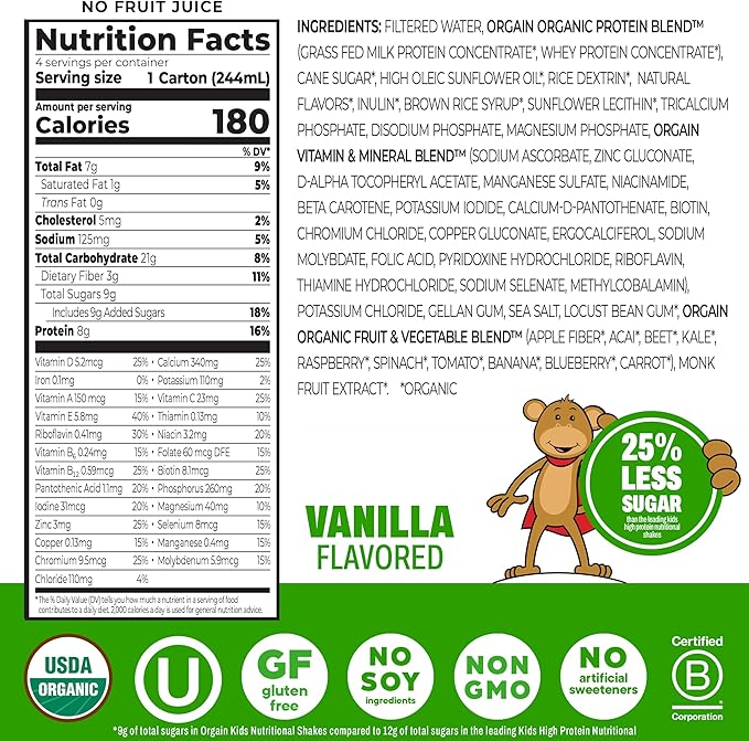 Orgain Organic Kids Protein Nutritional Shake, Vanilla - 8g of Protein, 22 Vitamins & Minerals, Fruits & Vegetables, Gluten Free, Soy Free, Non-GMO, 8.25 Fl Oz (Pack of 4)