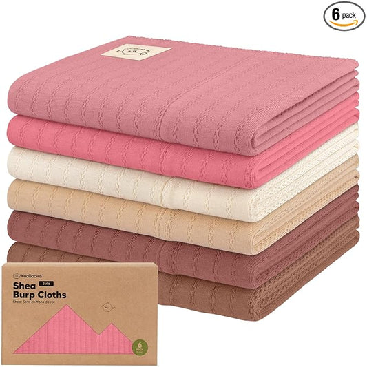 KeaBabies Organic Cotton Burp Cloths Baby Girl, Boy - 6-Pack Large Burping Clothes for Babies, Spit Up Rags, Super Soft & Absorbent Newborn Wash Towels, Gender Neutral, Non-Shrink (Stria, Rosewood)