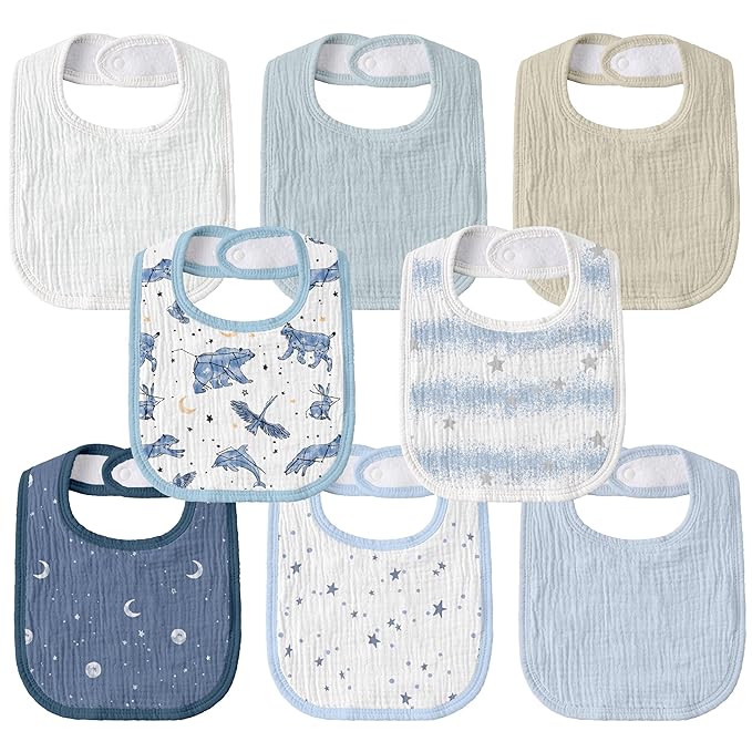 GLLQUEN BABY Muslin Drool Bibs for Boys Girls 8 Pack, Adjustable Baby Bibs for Drooling and Teething, Soft Cotton Baby Bandana Bib for Newborn Feeding Essentials (Star)