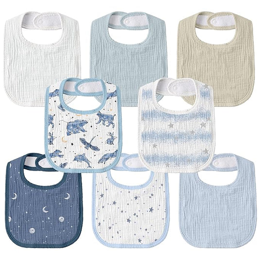 GLLQUEN BABY Muslin Drool Bibs for Boys Girls 8 Pack, Adjustable Baby Bibs for Drooling and Teething, Soft Cotton Baby Bandana Bib for Newborn Feeding Essentials (Star)