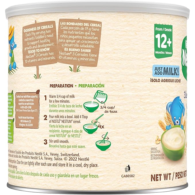 Nestle Nestum Junior Cereal, 3 Cereals - Wheat, Corn & Rice, Made for Toddlers 12 Months, 14.1 OZ Canister (Pack of 3)