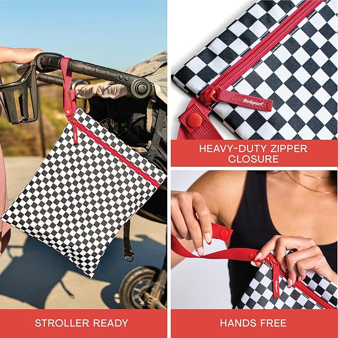 Bodysurf Waterproof Wet Bag for Swimsuit, Travel, Baby Essentials - Reusable Compact Organizer & Lightweight Storage for Dirty Laundry, Cloth Diapers, Gym, Yoga, Beach, Pool - Black, Checkered