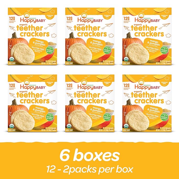 Happy Baby Organics Baby Snacks, Gentle Teething Crackers, Gluten Free & Vegan, Mango & Pumpkin, 12 Count (Pack of 6)