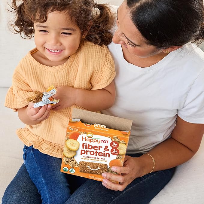 HAPPYTOT Organics Fiber & Protein Soft-Baked Oat Bars Organic Toddler Snack Banana & Carrot, 0.88 Ounce Bars, 5 Count Box (Pack of 6)