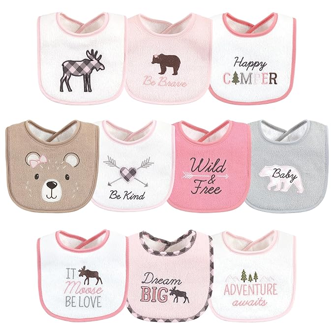 Hudson Baby Unisex Baby Cotton Terry Drooler Bibs with Fiber Filling, Girl Moose Bear, One Size
