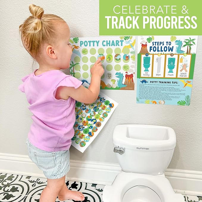 Hadley Designs Potty Training Chart for Toddlers Boys -10 Sticker Potty Chart for Toddlers Boys, 8.5x11" Potty Training Sticker Charts for Toilet Success, Dinosaur Toddler Reward Chart for Kids