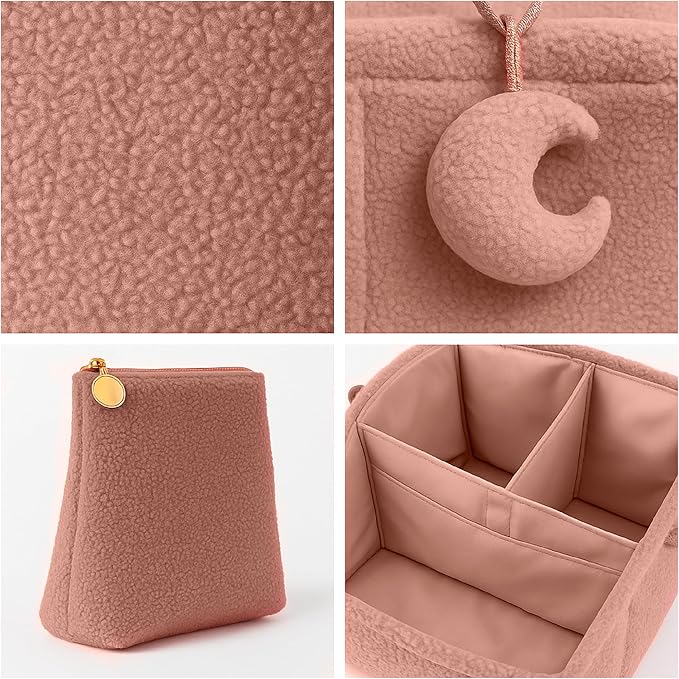 Orelle Bouclé Diaper Caddy Organizer with Matching Pouch & Moon Pendant | Teddy Portable Changing Table Organizer | Pink Diaper Caddy | Must-Have Baby Shower Gifts | Pink