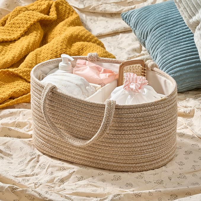 Diaper Caddy Organizer, Empty Gift Basket for Newborn Essentials, Baby Storage Basket, Stylish Gift Bag for Baby Shower, Boys and Girls – Small, Oatmeal