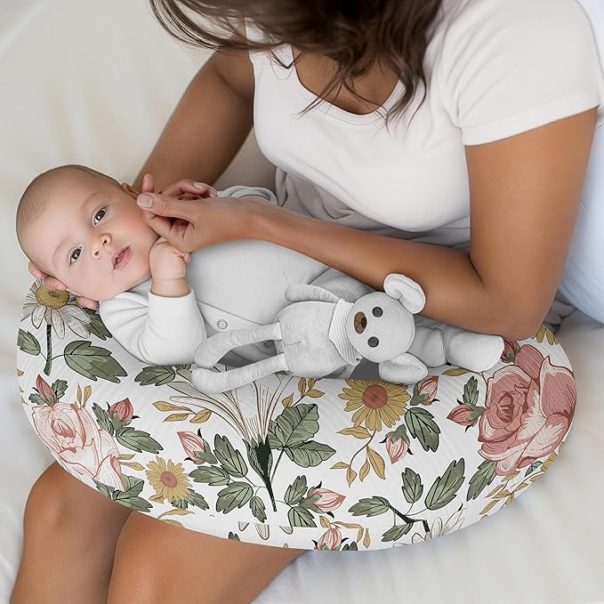 Sweet Jojo Designs Muslin Nursing Pillow Cover (Boho Vintage Floral) for Baby Girls, Newborn, Infant 100% Cotton Breastfeeding Pillowcase - PILLOW NOT INCLUDED (Shabby Chic, Bohemian, Farmhouse, Pink)