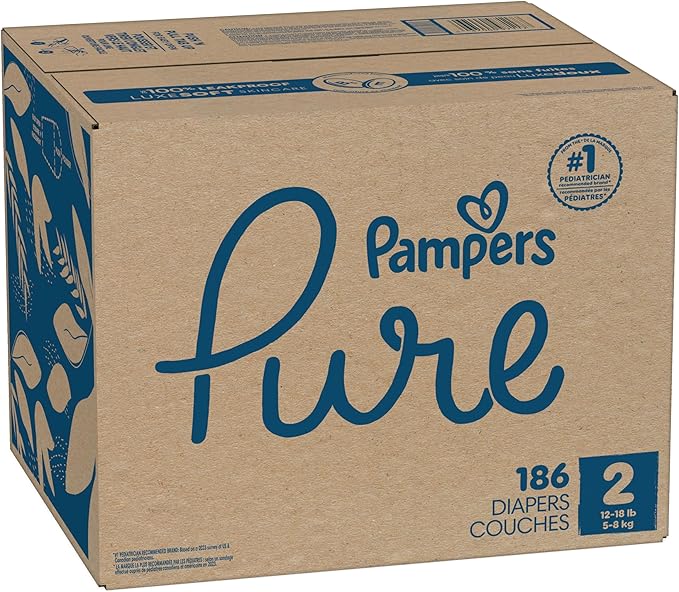 Pampers Pure Baby Diapers, Size 2 (12-18 lbs), 186, Up to 100% Leakproof, Premium Hypoallergenic Soft Diapers
