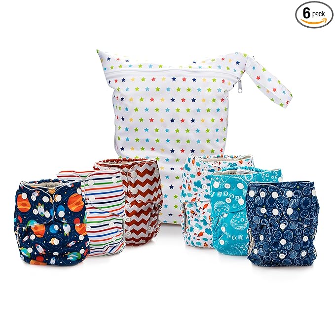 Simple Being Reusable Cloth Diapers, Double Gusset, One Size Adjustable, Washable Soft Absorbent, Waterproof Cover, Eco-Friendly Unisex Baby Girl Boy, six 4-Layers Microfiber Inserts (Space)