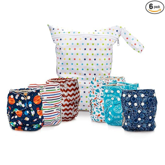 Simple Being Reusable Cloth Diapers, Double Gusset, One Size Adjustable, Washable Soft Absorbent, Waterproof Cover, Eco-Friendly Unisex Baby Girl Boy, six 4-Layers Microfiber Inserts (Space)