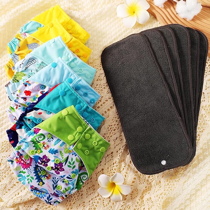 Cloth Diapers 6 Pack with 6 Inserts & 1 Wet Bag - Waterproof Cover, Washable, Reusable & One Size Adjustable Pocket Diapers for Newborns and Toddlers (Bear Set)