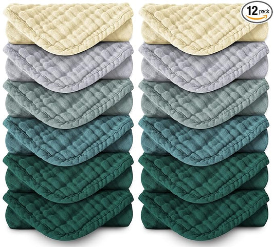 Spotted Play Muslin Burp Cloths 100% Cotton Large 20''x10'' Extra Soft and Absorbent Baby Wash Cloths Spit Up Rags - Baby Burping Cloth for Boys Girls Items(12 Pack Ivory, Slate and Emerald Series)