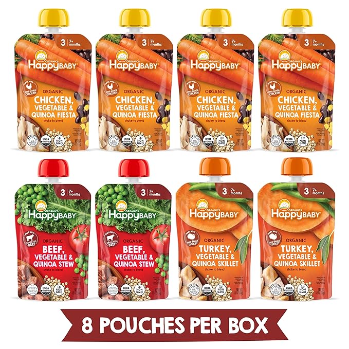 Happy Baby Organics Savory Blends Stage 3 Baby Food Puree, Meats & Veggies 3 Flavor Variety Pack (Pack of 8), Amazon Exclusive
