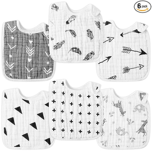 Zainpe 6Pcs Snap Muslin Bibs for Baby Machine Washable Adjustable Unisex Burp Cloths with 6 Absorbent Soft Layers, Animal Pattern Bib for Newborns Toddlers Infants 3 to 36 Months Drooling Teething