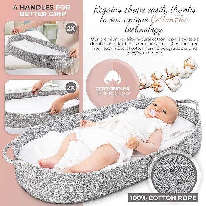 Royal Rusu Yours Baby Changing Basket - CPC Certified Cotton Rope Changing Pad - Grey - Soft Water Resistant Foam Pad with Removable Organic Cotton Cover
