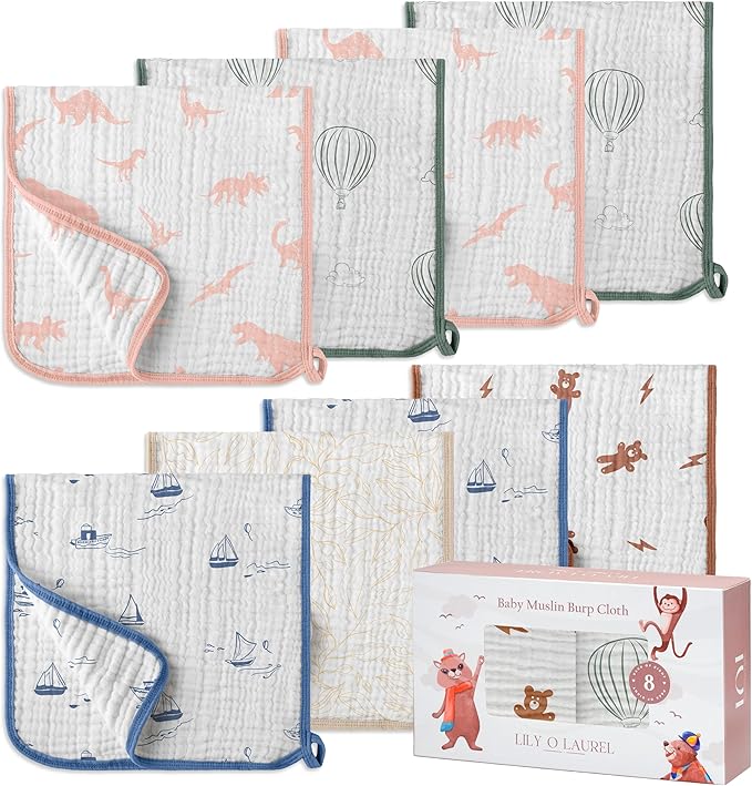 Muslin Burp Cloths, 20"x10"- Pack of 8, 6 Layers Super Soft Absorbent & Breathable 100% Cotton for Baby Drool and Messes, Burp Cloth Baby Boy and Burp Cloths Baby Girl