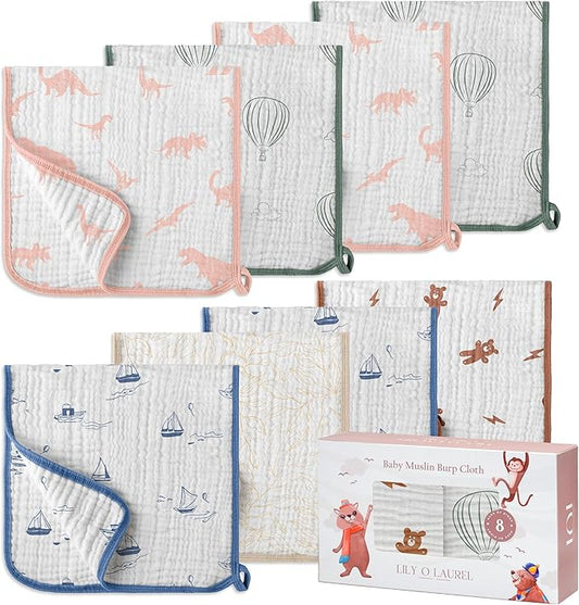 Muslin Burp Cloths, 20"x10"- Pack of 8, 6 Layers Super Soft Absorbent & Breathable 100% Cotton for Baby Drool and Messes, Burp Cloth Baby Boy and Burp Cloths Baby Girl