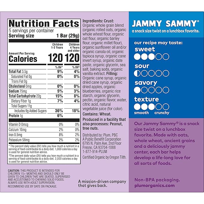 Plum Organics Jammy Sammy Snack Bars - Blueberry and Oatmeal - 1.02 oz Bars (Pack of 5) - Organic Toddler Food Snack Bars
