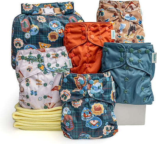 Kinder Cloth Diapers Reusable Baby Diapers Pocket Style Athletic Wicking Jersey, Bamboo Viscose Inserts, Wet Bag, Newborn to Potty Training 7-60lbs, One Size (Big Adventure, 5 Pack, with Inserts)