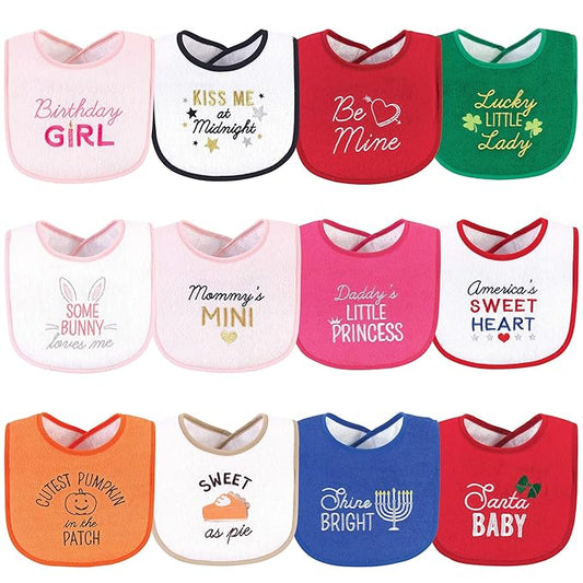 Hudson Baby Unisex Baby Cotton Terry Drooler Bibs with Fiber Filling, Cute Girl Holiday Sayings, One Size