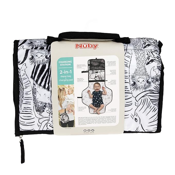 Nuby Portable Baby Changing Pad Station, Quick Wipe Clean Changing Mat with Built-in Pillow, Animal Faces Print