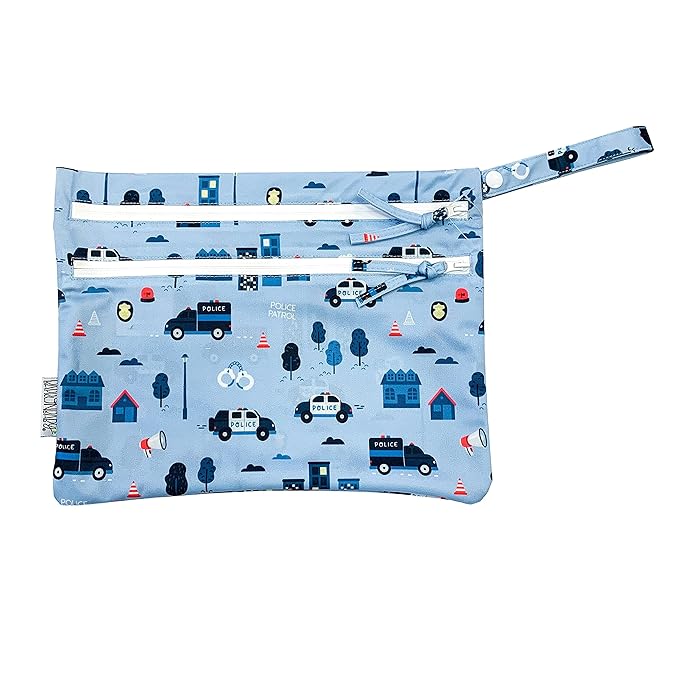 BapronBaby Be Brave Police Patrol Wet Dry Bag - Waterproof Two Zipper Pockets - Reusable for Mealtime, Diapers, Stroller, Snacks, Swimsuits - Machine Washable - 11" x 9"