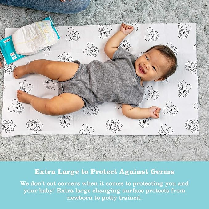 Disney Baby by J.L. Childress Disposable Changing Pads for Babies - Diaper Changing Table Covers, Baby Travel Essentials, Absorbent Liner Pads, Leak-Resistant, 26"x18"- Mickey & Minnie Mouse, 24 Count
