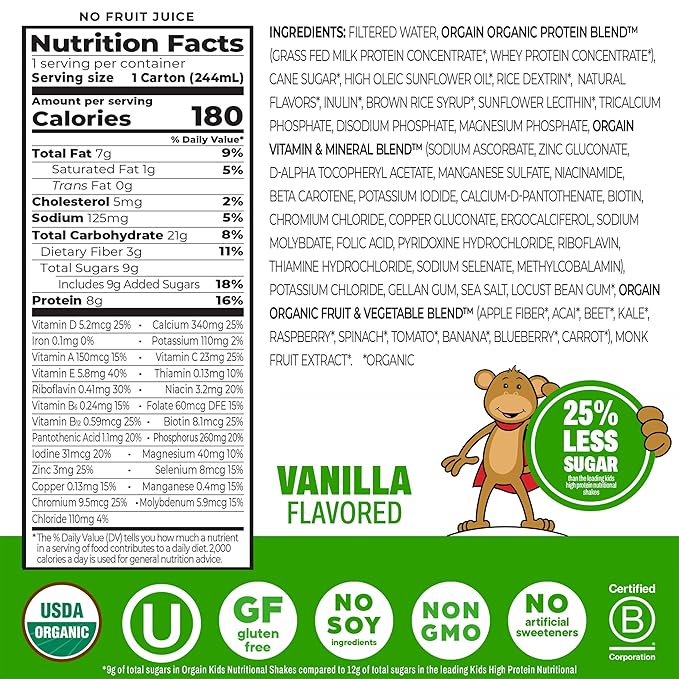 Orgain Organic Kids Dairy Nutritional Protein Shakes, Chocolate 12‑Pack + Vanilla 12‑Pack, 8g Protein, 3g Fiber, 22 Vitamins & Minerals, No Soy Ingredients, Gluten Free, Non‑GMO, 8.25 fl oz