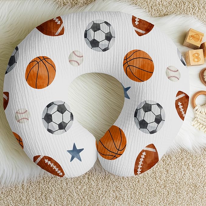 Sweet Jojo Designs 2-Piece Muslin Nursing Pillow Covers Set (Sports Theme) for Newborn Baby Boys 100% Cotton Breastfeeding Pillowcases-PILLOW NOT INCLUDED (Solid Blue, Watercolor Vintage Sport Themed)