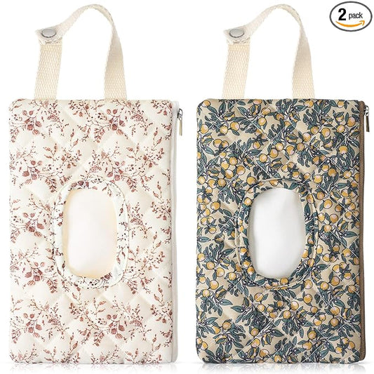 2 Pcs Quilted Diaper and Wipes Pouch Portable Hanging Floral Wet Wipe Bag Diaper Bag Reusable Wipes Pouch for for Stroller Car Travel Infant Diapering Organizer (Mixed Floral)