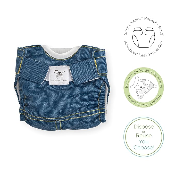 Amazing Baby Hybrid Cloth Diaper Cover/Swim Diaper, Newborn, Sz 1 (8-15 lbs), Use Boosties Disposable or Reusable Inserts, Blue Jean, SmartNappy Set: Cover + Tri-Fold + Booster Pad (Pack of 2)
