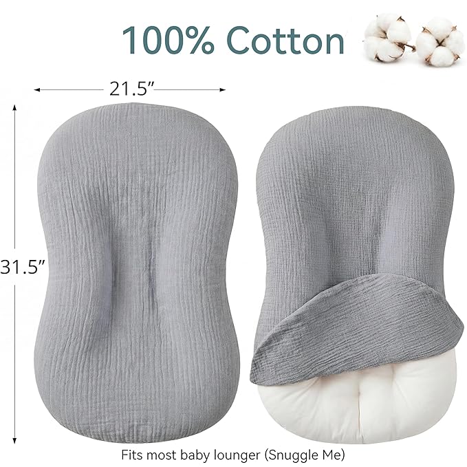 Muslin Baby Lounger Cover 1 Pack, Cotton Soft Breathable Infant Nest Slipcover, Envelope Closure, Compatible with Snuggle Me Loungers, Machine Washable, Cover Only, for Boys Girls(Gray)