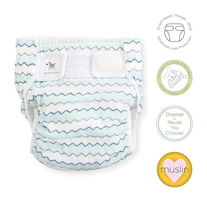 Amazing Baby Hybrid Cloth Diaper Cover with Pocket-Sling, Med, Sz 3 (12-25 lbs), Use with Boosties Inserts, Denim Mini Chevron, SmartNappy Set includes Muslin Cover + Tri-fold Insert + Booster Pad