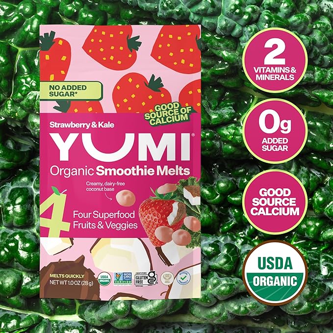Yumi Smoothie Melts - Toddler, Kids & Baby Snacks, Gluten-Free, No Added Sugar. Organic Plant Based Like Bites - 4 Real Fruits & Vegetables Puree Melties, School Safe, Strawberry & Kale (6 ct.)