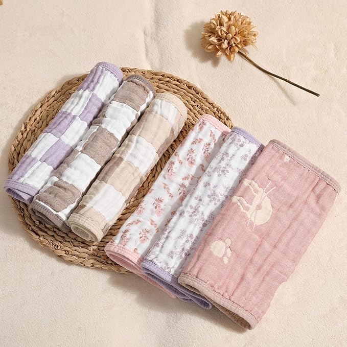 6-Pack Muslin Baby Burp Cloths Made with Organic Cotton – 6-Layer Absorbent & Gentle for Newborn Feeding, Burping – Ultra-Soft, 20x10 Inch Set in Boho Freedom Pattern