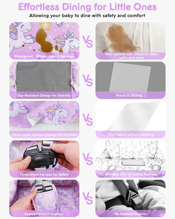 High Chair Cover Portable with 3-Point Harness, Waterproof Baby Seat Cover for Restaurant Travel Home Use, Machine Washable, Fits Wooden Chairs (Purple Unicorn)