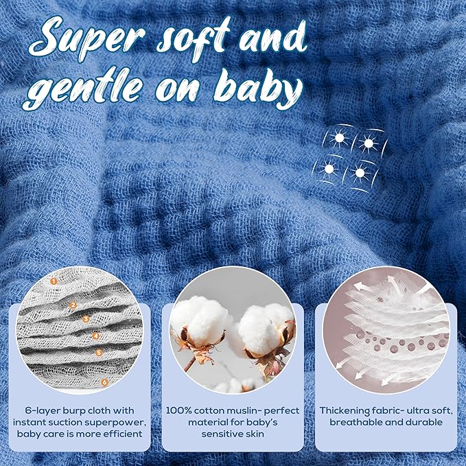 Muslin Burp Cloths, 20"x10"- Pack of 8, 6 Layers Super Soft Absorbent & Breathable 100% Cotton for Baby Drool and Messes, Burp Cloth Baby Boy and Burp Cloths Baby Girl
