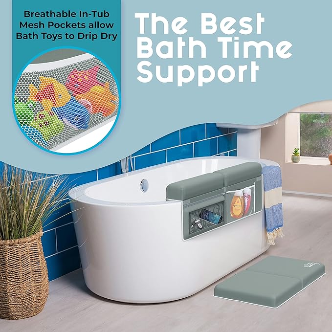 Comfortable Baby Bath Kneeler and Elbow Rest Pad Set - Kneeling Pad Bath Mat with 4 Toy Organizer Pockets,Non-Slip Baby Bathtub Mat, Waterproof and Easy to Clean