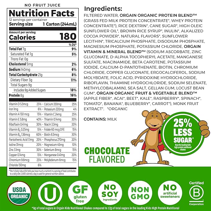 Orgain Organic Kids Dairy Nutritional Protein Shakes, Chocolate 12‑Pack + Vanilla 12‑Pack, 8g Protein, 3g Fiber, 22 Vitamins & Minerals, No Soy Ingredients, Gluten Free, Non‑GMO, 8.25 fl oz