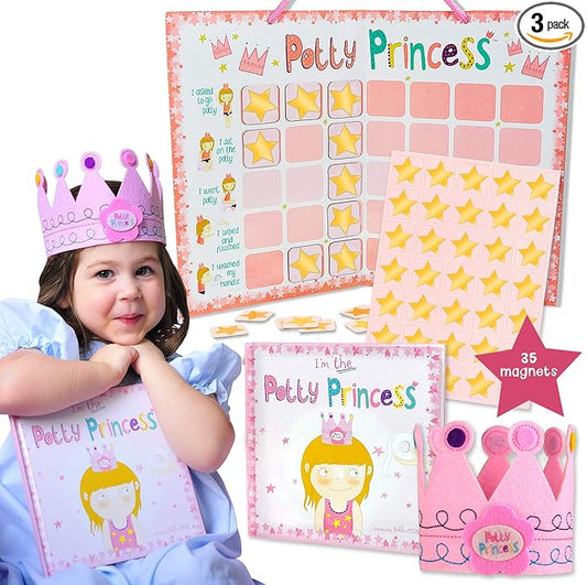 Tickle & Main Potty Princess Training Set - Multicolor, 3-Piece Adjustable Set - Magnetic Potty Training Chart with Sticker Rewards - Princess Storybook & Felt Crown