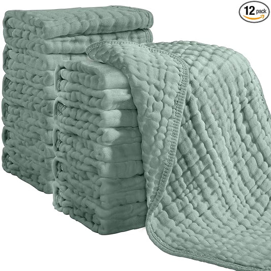 Looxii Muslin Burp Cloths 100% Cotton Muslin Cloths 12 Pack Large 20''x10'' Extra Soft and Absorbent Baby Burping Cloth for Boys and Girls (Dark Green)