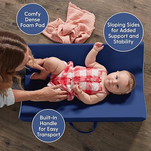 FDP SoftScape Ultra-Soft Daycare Baby and Infant Contoured Changing Pad, Non-Slip Bottom, Built-In Handle Easy to Transport Travel - Navy/ Powder Blue (10421-NVPB)